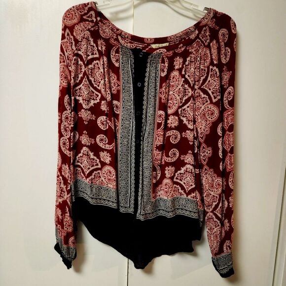 Lucky Brand Womens M Burgundy BOHO Paisley Print Chiffon Blouse Top Hippie Flowy - Picture 1 of 16
